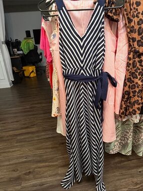 Navy and White Striped V-Neck Maxi Dress with Waist Tie